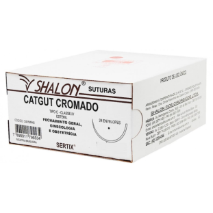 Catgut Cromado 0 com Agulha 1/2 CIlindrica 3,0 Fio 75 cm Pacote com 24 Unidades Shalon