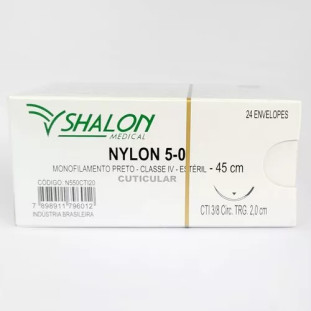 Fio Nylon 5-0 com Agulha 3/8 Cortante 2,0cm Fio 45 cm Caixa com 24 Unidades Shalon