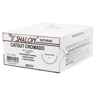 Catgut Cromado 0 com Agulha 3/8 Triangular 3,0 Fio 75 cm Pacote com 24 Unidades Shalon